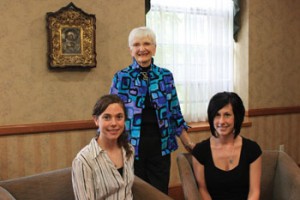 Marj Chance with recent scholarship recipients Miranda Kohls, left, and Tammy Ruth. “She enjoys meeting the scholarship recipients and gives them her views on nursing,” said President Noreen M. Carrocci, Ph.D. “She’s proud of the nurses from Newman, because they provide care for the whole person.”