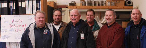 The Maintenance Breakfast Club, l-r:Housekeeping; Groundskeeper Kevin x; "Ollie"; Head cx Ted Fox; Director of Facilities Bruce kj, and man guy.