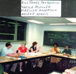 L-r: Bill James, Pat Koenig, Sheila Mueller, Marilyn Anderson and Arlene Kongs take part in  a class discussion in 1985.
