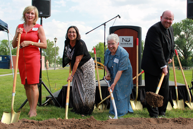 Among those who took part in the groundbreaking were l-r: Newman Board of Trustees Chair Linda Davison, President Noreen M. Carrocci, Ph.D., former Newman President Tarcisia Roths, ASC, and campaign Honorary Co-Chair Bishop Carl A. Kemme.