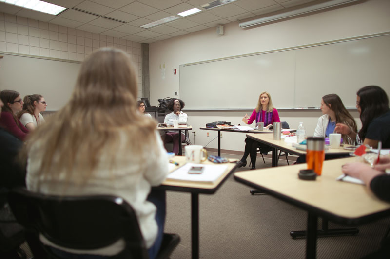 Sonja Bontrager leads Spanish class.