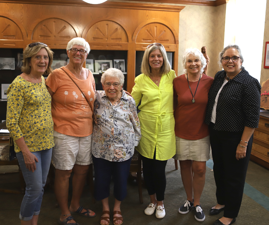 Four friends, Peggy O’Neill, Barb Schoen Anthem, Barb Smith Mainz and Pat Williams Godt visited campus and reconnected with Sister Tarcisia Roths, ASC, and met President Kathleen Jagger.