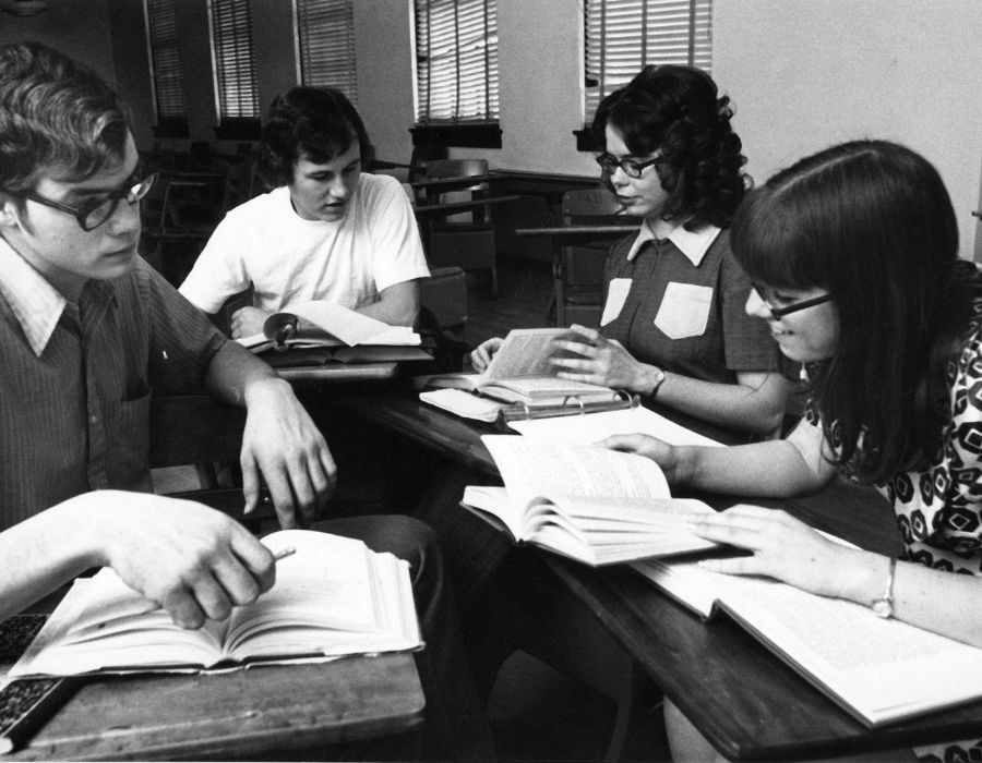Students study in a Sacred Heart Hall classroom.
