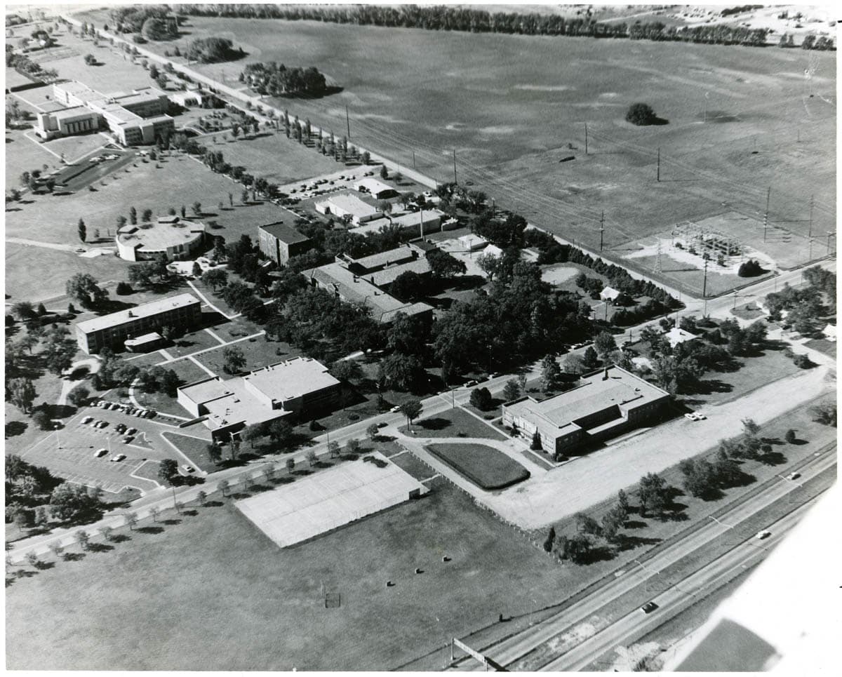 An aerial view of campus in 1973.