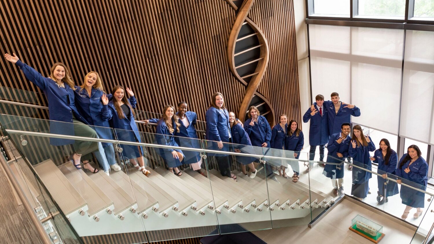 Students of the Newman University labcoat ceremony sport their new jackets in the Bishop Gerber Science Center.